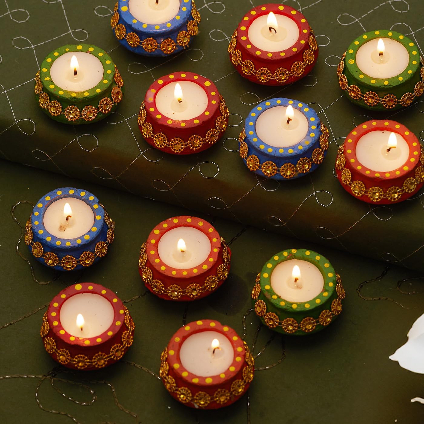 TIED RIBBONS Handmade Clay Wax Filled Diyas Earthen Diya (Pack of 12) for Diwali Decoration Home Puja Pooja Room Office Mandir Temple Table Dipawali Decor Items (Multi, 4.75 cm x 2.5 cm)
