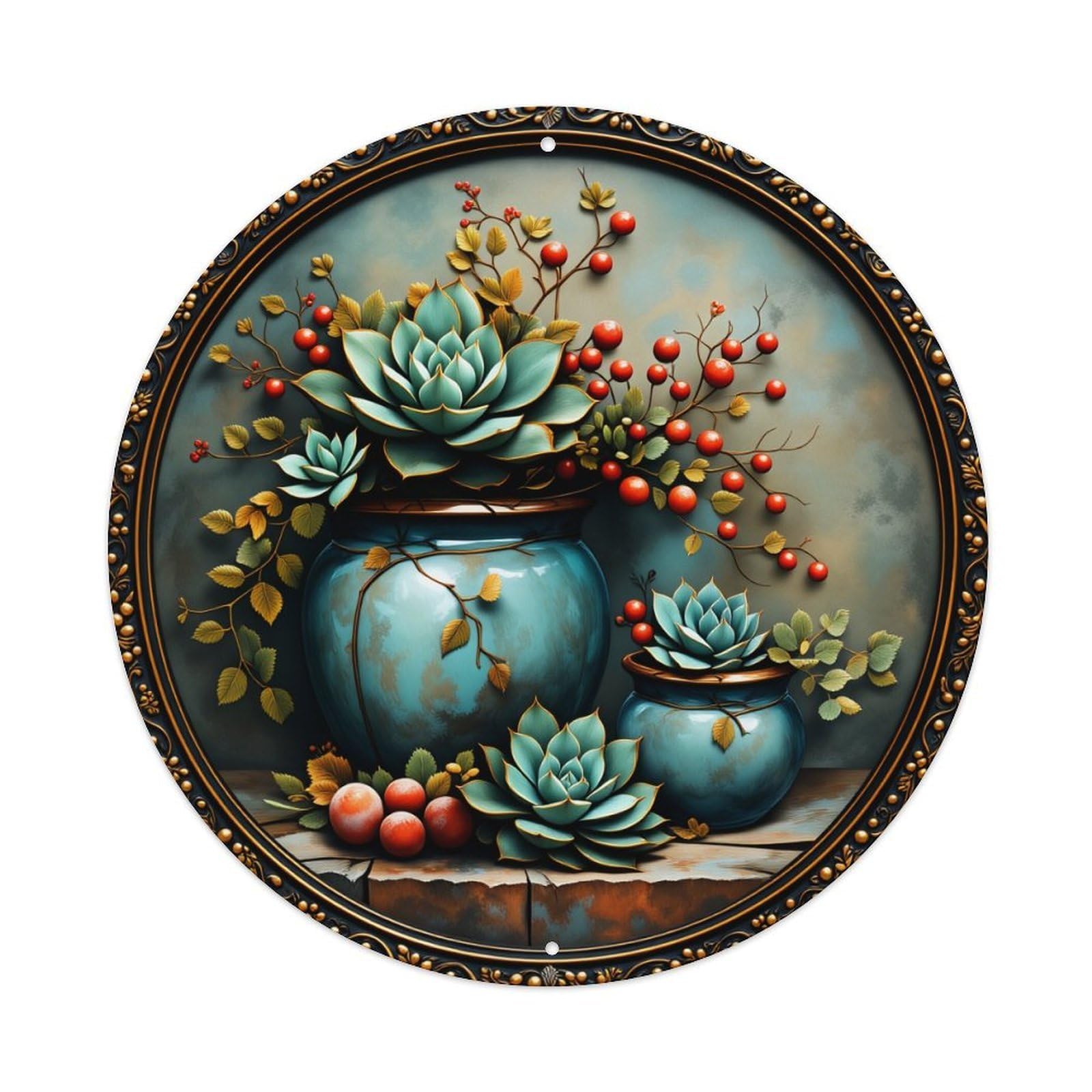 Succulents In Pots With Berries And Leaves Round Vintage Tin Sign,Retro Wall Art,Metal Poster for Home, Bar, Garage, Cafe, Rustic Indoor & Outdoor Decor, 8x8 Inches