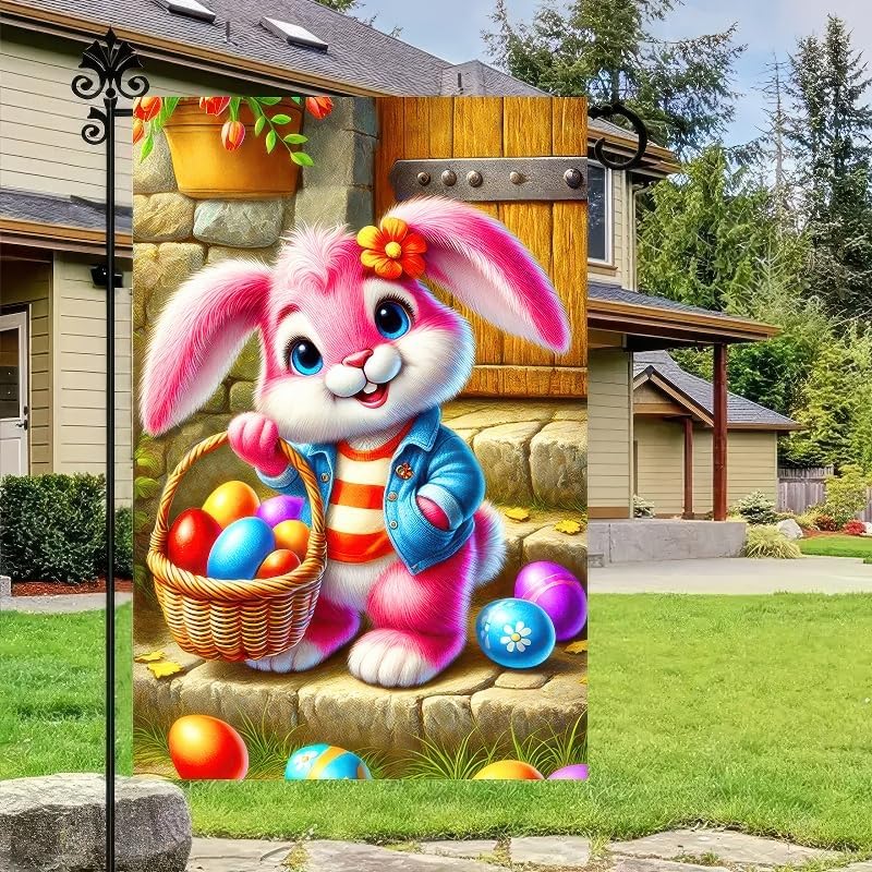 Easter Garden Flag 12x18 inch Double Sided Cute Bunny Garden Flags Eggs Yard Flag Easter Decoration for Outside Decor Yard Porch Outdoor Banner Summer Spring Decorations - Image 6