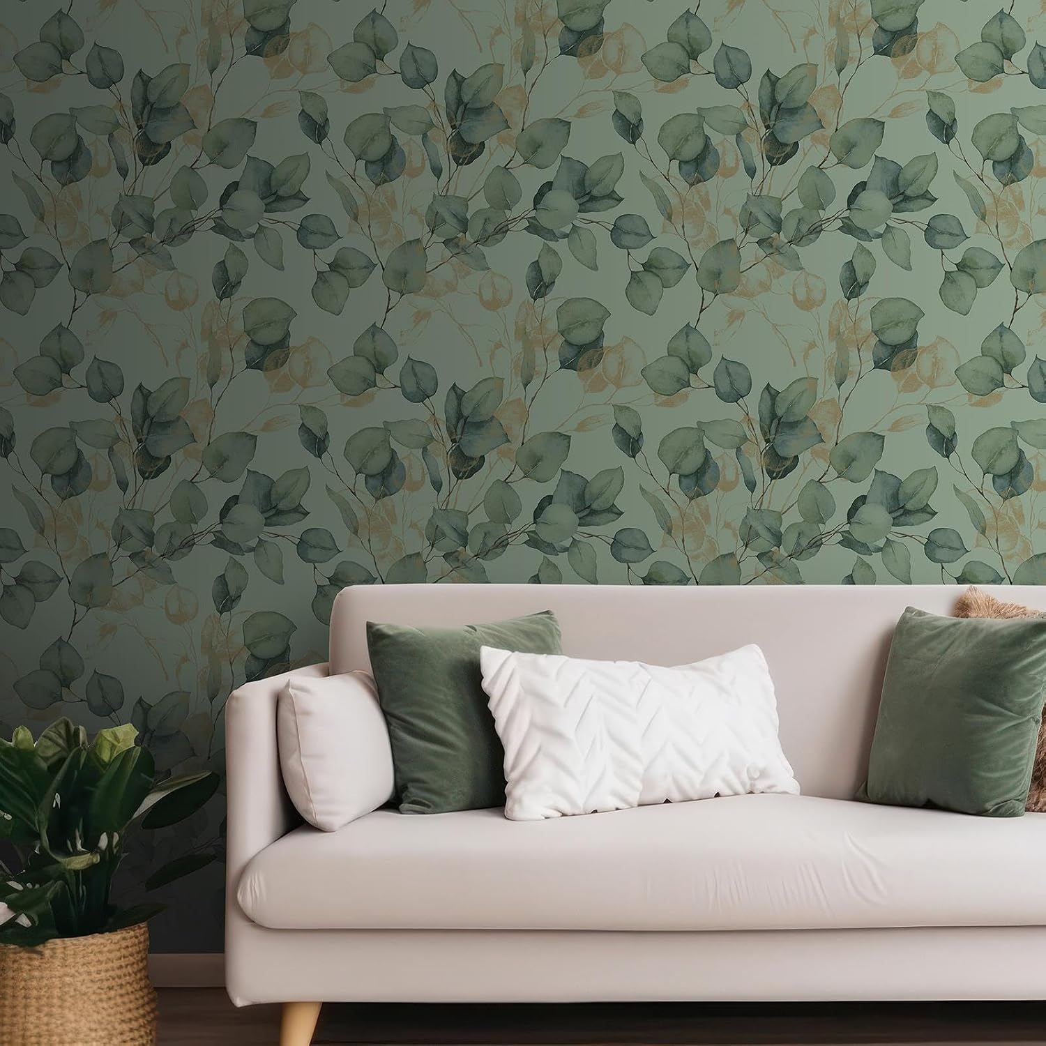 World of Wallpaper Eucalyptus Leaves Wallpaper – Floral/Nature Themed Wallpaper – Modern Wallpaper for Living Room, Bedroom, Hallway – Decorative Luxury Wallpaper – Green/Gold AF0035