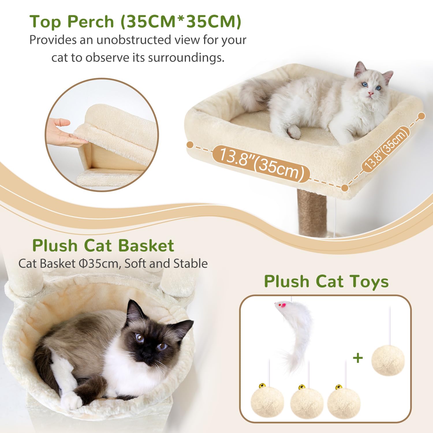 Globlazer Beige Arbre a Chat XXL pour Gros Chats 203 cm avec 2 Grande Niches 45*40*35cm, 2 Vaste Plate-Forme, Perchoir, Griffoir en Sisal, Panier, Arbres à Chat pour Grand Chats Adulte (F80E, Beige)