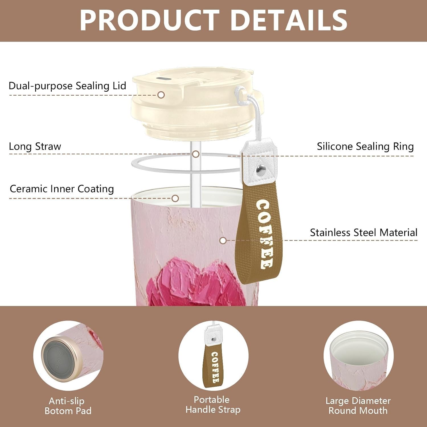 Lips Oil Painting Insulated Coffee Mug with Straw & Flip Lid, 16.9oz Iced Tumbler Cup, Double Wall Vacuum Mug for Travel Office
