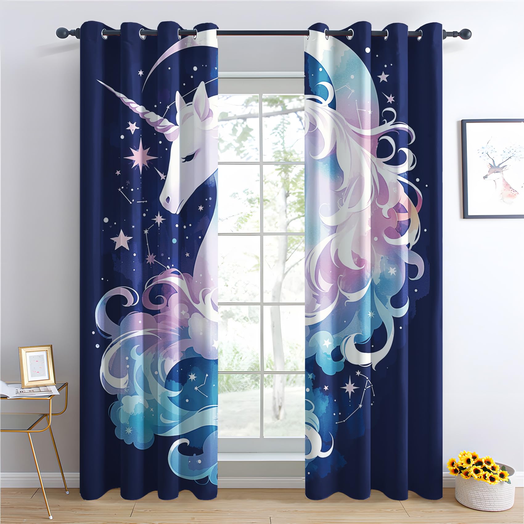 Generisch Vorhänge Einhorn - Mädchen Navy Blau Fenster Gardinen mit Ösen, Vorhang Blickdicht Verdunklungsvorhänge Thermovorhang für Wohnzimmer Schlafzimmer Deko 2er Set, H 160 x B 132 cm D-#63