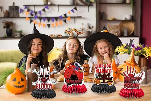 Miniatura 5 de 9 centros de mesa de Halloween para mesas, centros de mesa de panal de abeja de noche de terror rojo y negro, decoración de fiesta de cumpleaños de