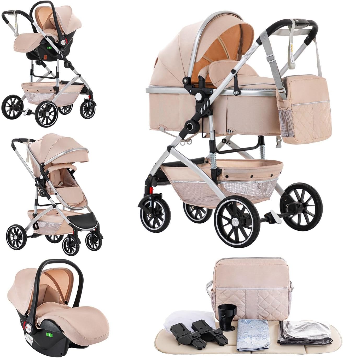 Kakbgee 3 in 1 Baby Stroller, City Pram Travel System, Pushchair One-Click Folding, Baby Buggy, Carrycot & Car Seat Unit with Mosquito Net, High Landscape Stroller for Newborn 0-4Years, Beige