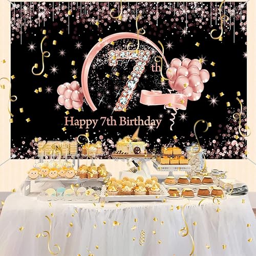 Miniatura 6 de Cartel de tela para decoración de cumpleaños número 7 para niñas, cartel de tela para fiesta de cumpleaños de niña de 7 años, fondo de foto negro y