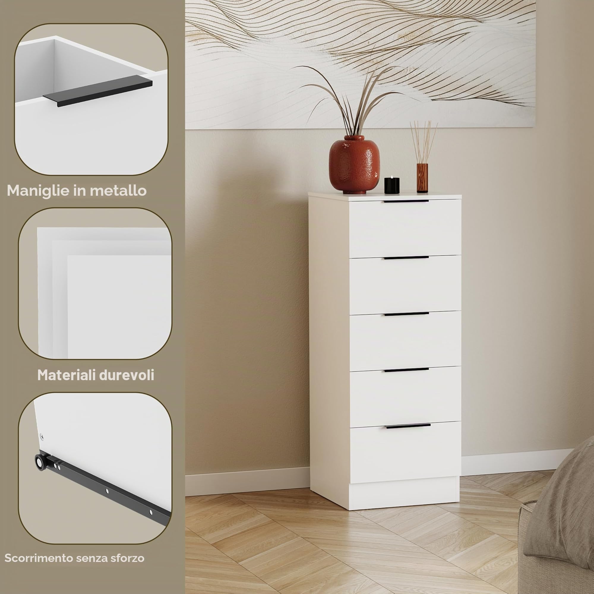 Vida Designs Trega - Cassettiera stretta con 5 cassetti, colore bianco, sottile, salvaspazio, per camera da letto, 90 x 34,5 x 36 cm (altezza x larghezza x profondità), supporto anti-piegamento