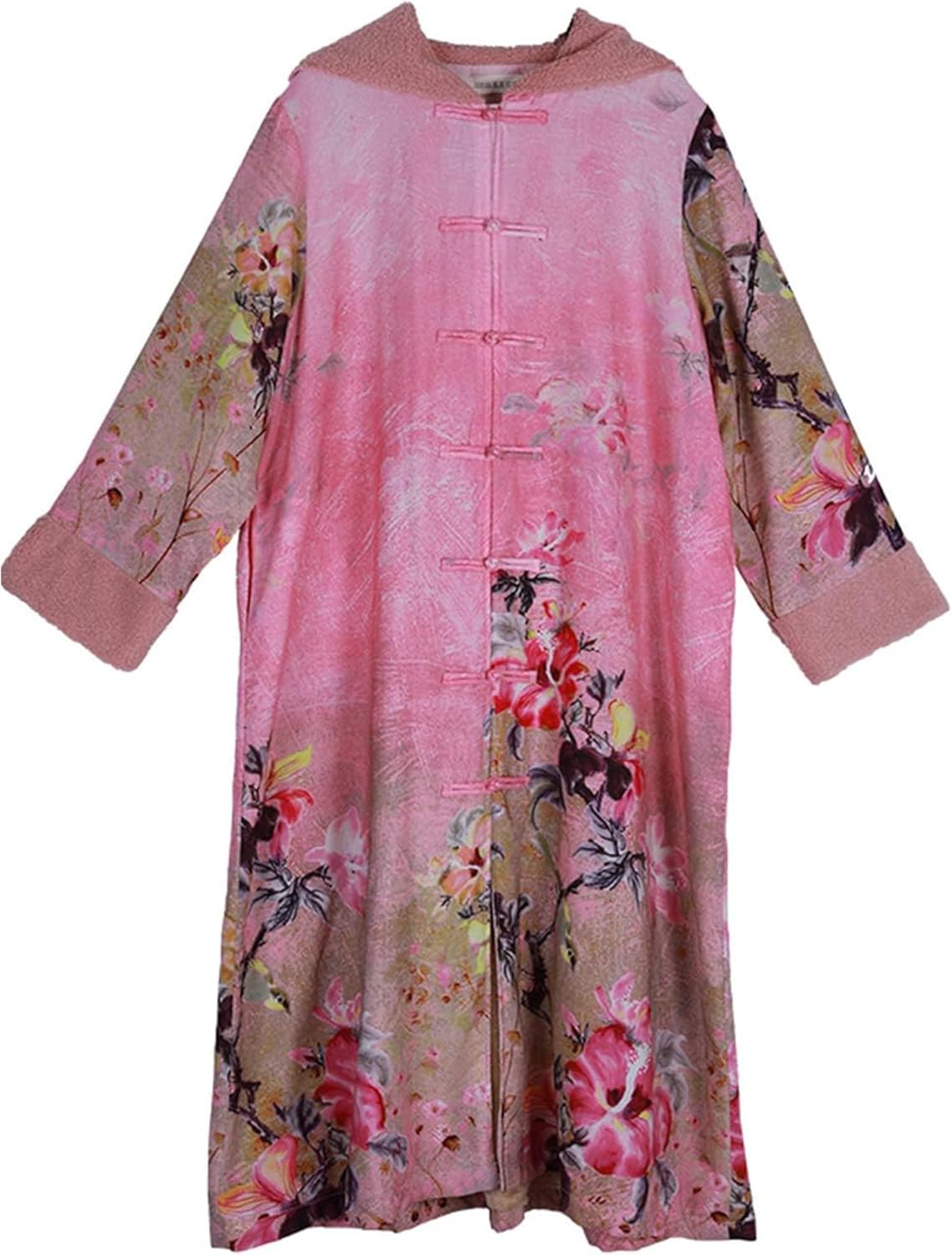 LUZU JUNU Women's Winter Hooded Long Outwear Floral Printed Jackets Windbreaker Vintage Frog Button Fleece Lined Overcoat - Image 4
