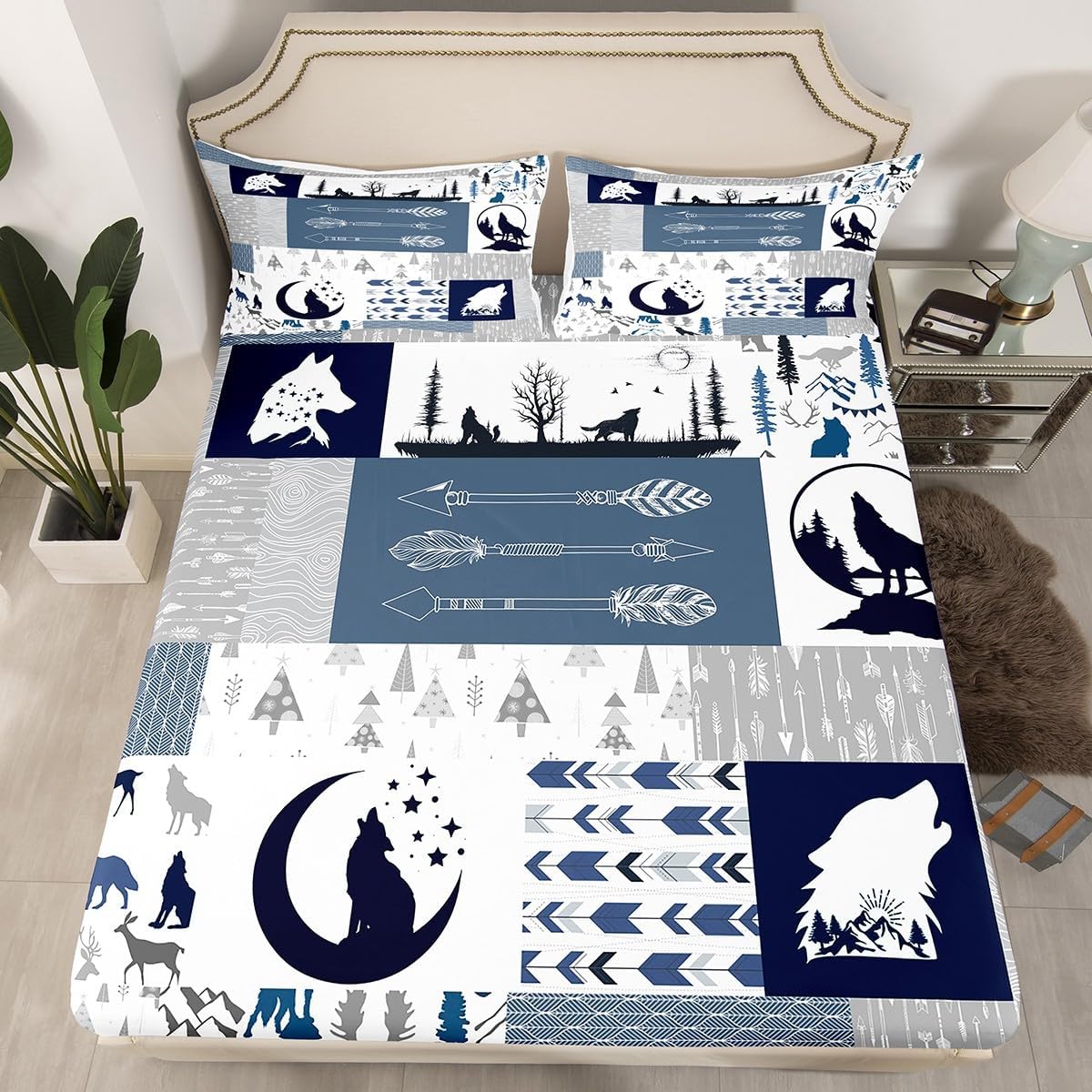Feelyou Cute Wolf Sheets Twin Size with 1 Pillow Case Wolves Howling Bed Sheet Set Woodland Blue Bedding Set Modern Geometric Bed Sheets for Boys Girls Kids Adults
