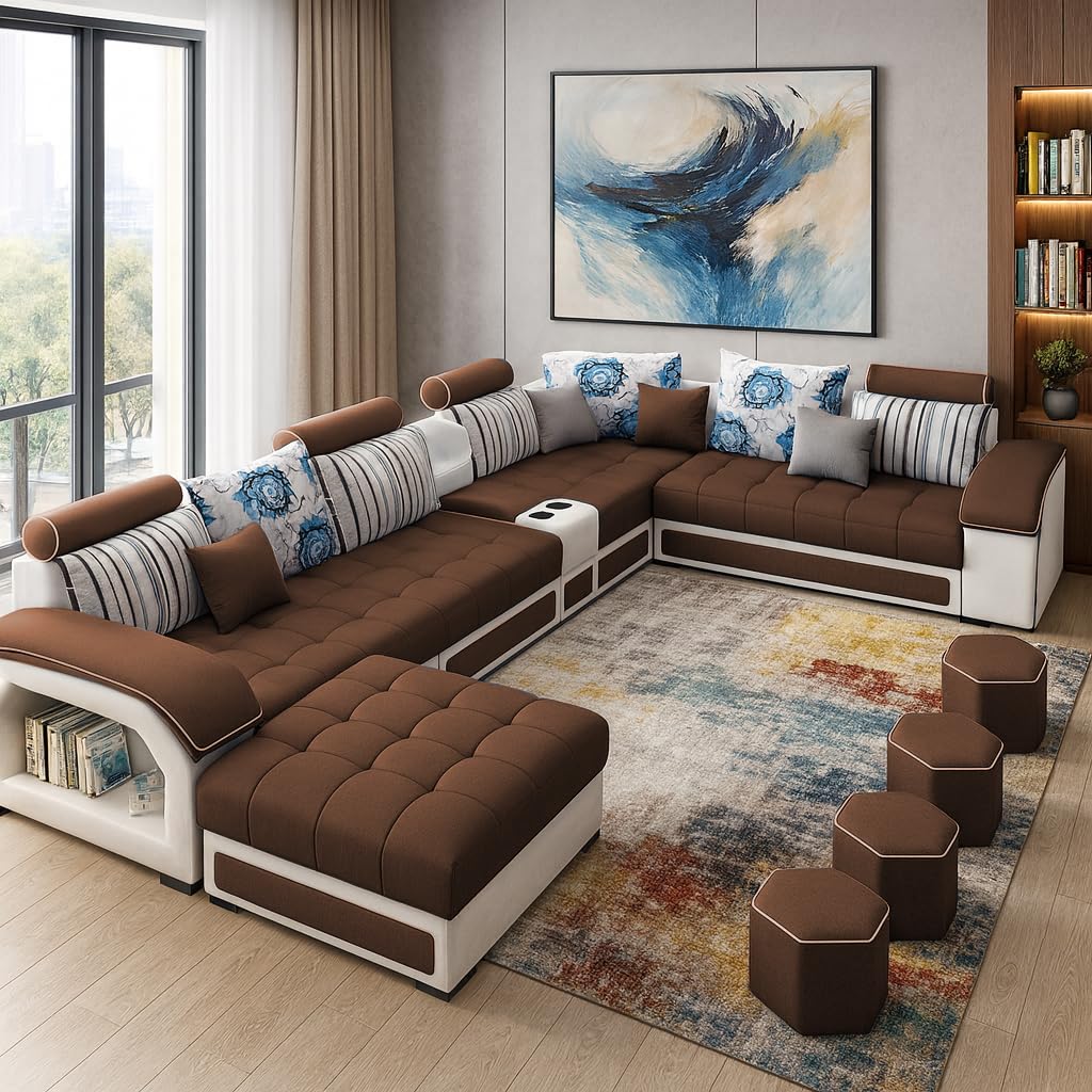 GRAPEWOOD Emir Modern U-Shaped Sectional Sofa Set with Storage, 9 Seater, Sofa Couch with 4 Puffy for Hall Guest Room (Brown & Grey) Premium Fabric Sofa Set-image-36