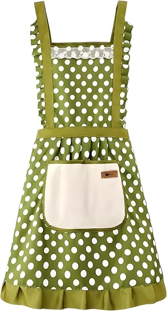 Stylish Womens Apron, Soft Cotton-Linen Kitchen Cooking Apron, Polka Dot Vintage Cute Waterproof Apron