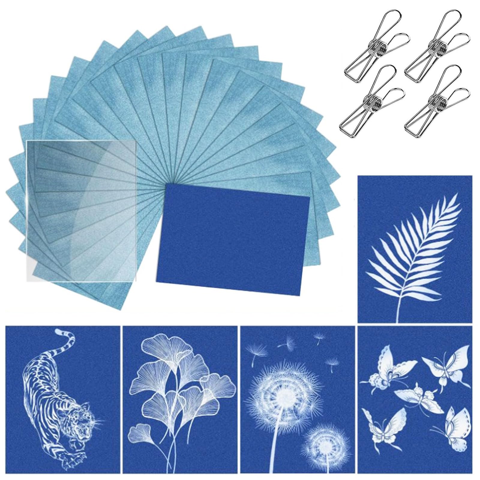 Cyanotype Paper Kit - 32PCS A5 High Sensitive Sun Art Paper Kit with Acrylic Panel and 4 Clips, 11.69×8.27 Inch Nature Printing Papers Set for Kids Adults Arts Crafts Solar Drawing Papers DIY Projects