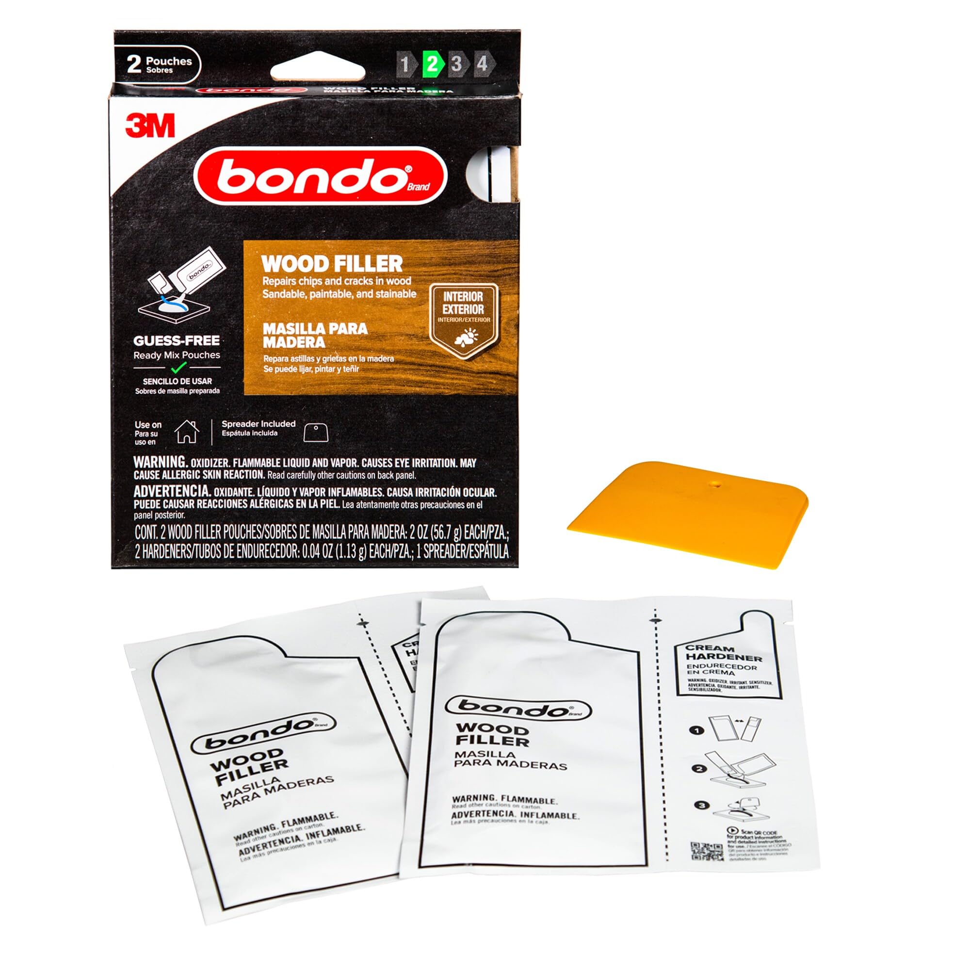 bondo Wood Filler Ready Mix Pouches, Contains 2 Wood Filler Pouches 2 oz with 2 Hardners and 1 Spreader, Repairs Chips and Cracks in Wood, Sandable, Paintable, and Stainable (WF-2PK-ES)