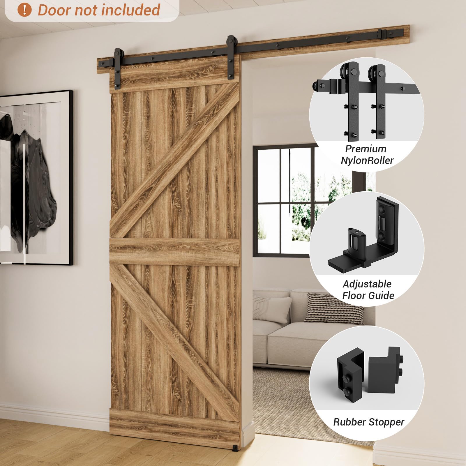 72”/6FT Sliding Barn Door Hardware Kit with Adjustable U Shape Barn Door Floor Guide, Wall Mount Rail, Splicing Track Kit (Door not Included) — Amazon image 4