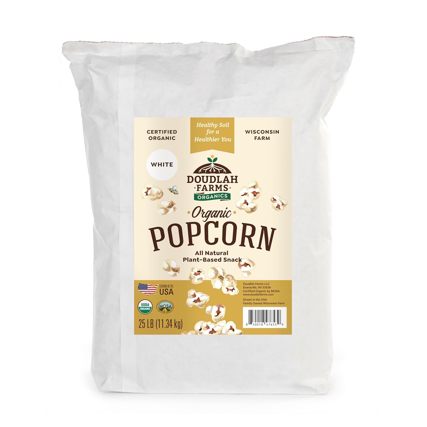 Organic White Popcorn Kernels Unpopped 25 lb Bulk - Healthy, Non-GMO, Gluten-Free, Pesticide-Free, Chemical-Free, Glyphosate-Free, Grown in Regenerative Soil in Wisconsin USA by Doudlah Farms