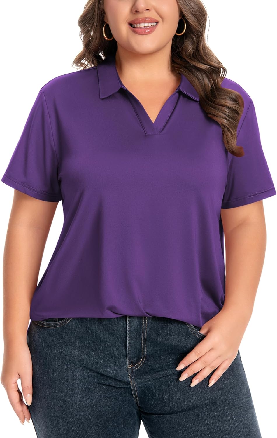 Idtswch Women's Plus Size V-Neck Short Sleeve Polo Shirt Quick-Dry UPF 50+ Casual Work Golf Shirt(XL-6XL)