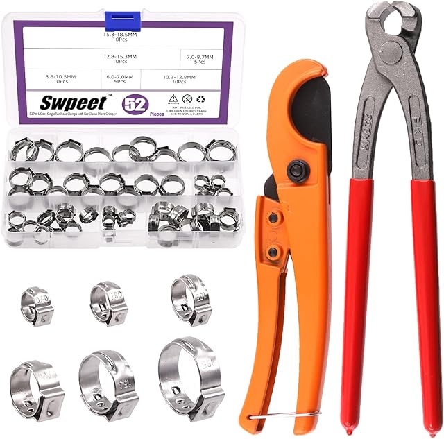 Swpeet 52Pcs 6 Sizes Single Ear Hose Clamps Assorment Kit, with 1Pcs Ear Clamp Pliers and 1Pcs PEX Pipe Cutter for Securing Pipe Hoses