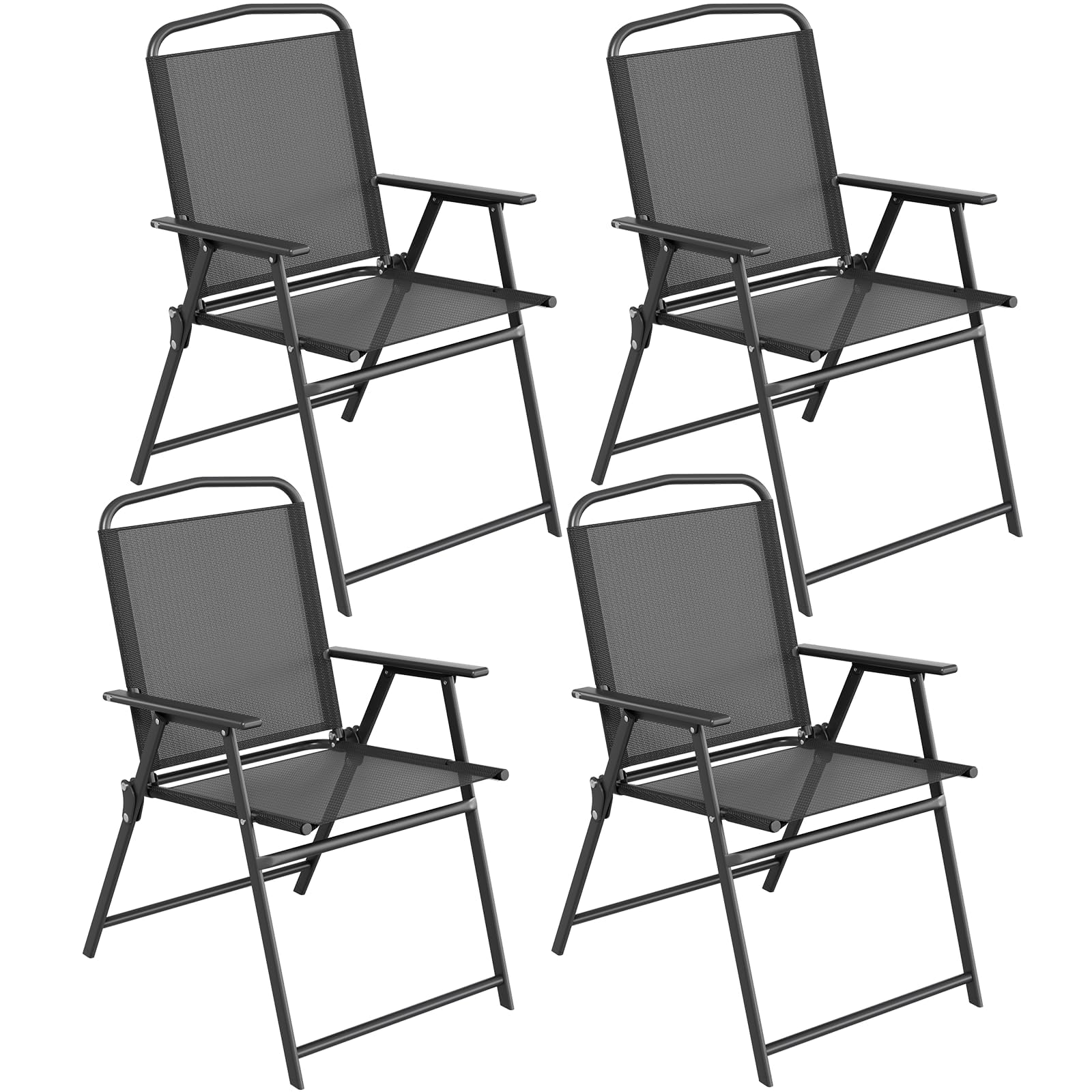 TLSUNNY Patio Folding Chairs Set, Outdoor Fold Up Garden Chairs W/Breathable & Showerproof Textilene, Balcony Chair W/Steel Armrests & Carry Handle For Bistro, Beach, Poolside, Camping (4, Black) โ image 1