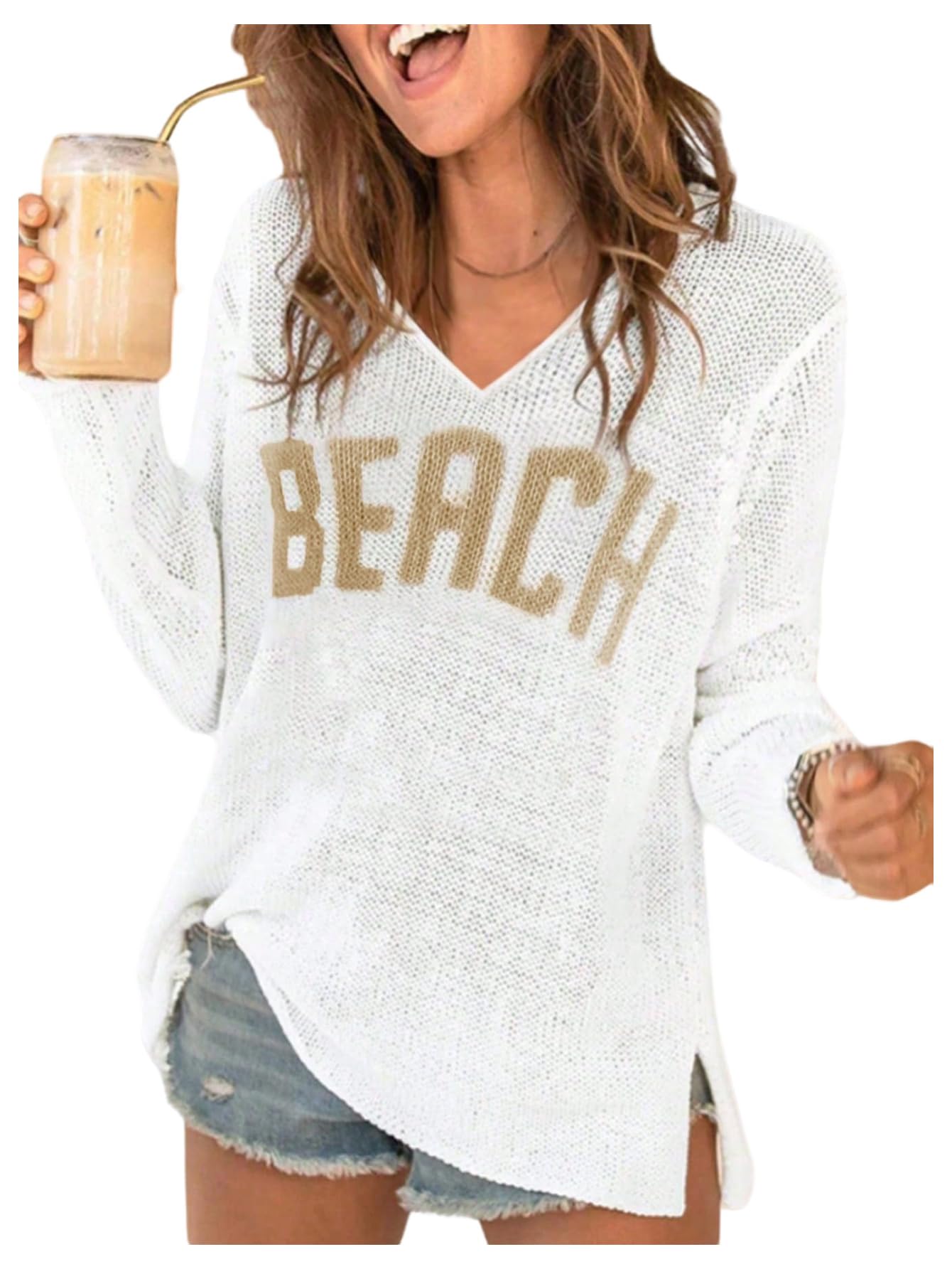 Womens Letter V Neck Beach Sweaters Long Sleeve Split Crochet Tops Knit Pullovers Cover Up