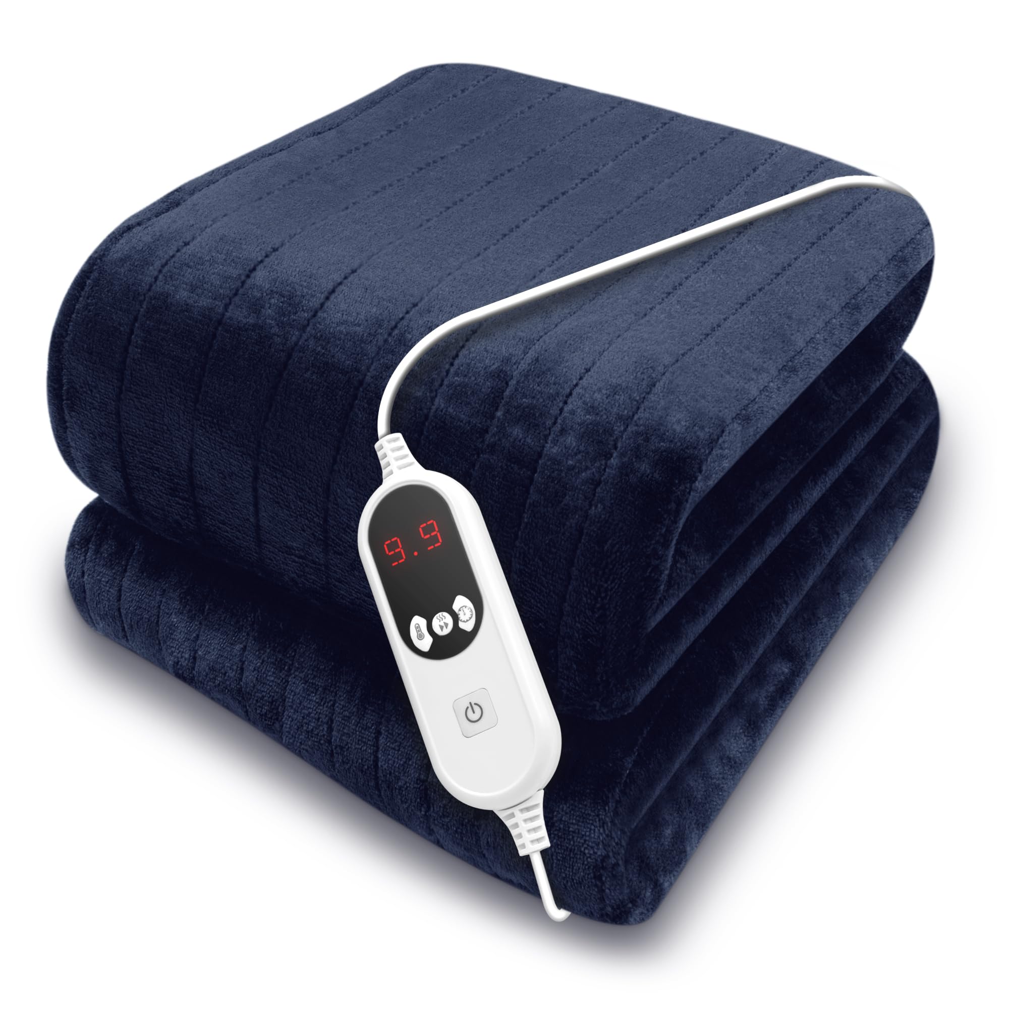 Purus Navy Heated Throw Electric Blanket, 160 x 120cm Heated Blanket Machine Washable Soft Micro Fleece Electric Throw Overblanket with 12HR Timer and 9x Control Heat Settings