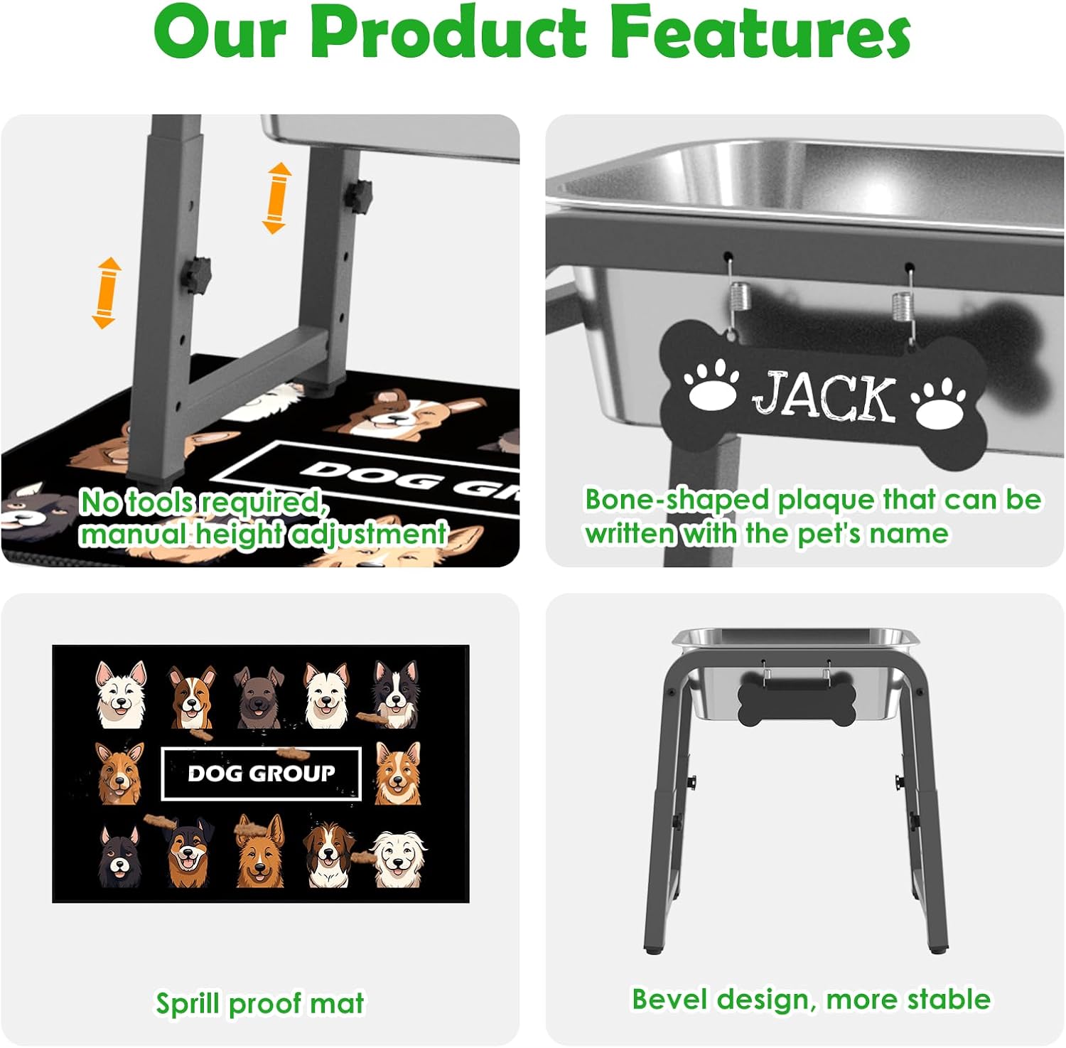 2 Gallon Elevated Dog Water Bowl, ADENGL Height Adjustable (10.4–15.2'') Raised Stainless Steel Bowl with Spill-Proof Mat & Sturdy Metal Stand, Tip-Proof, Easy to Clean, Indoor & Outdoor Use
