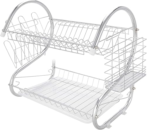 Miniatura 9 de Juego de escurridor de platos y escurridor, organizador grande de fregadero de acero inoxidable de 2 niveles con soporte para tazas, soporte para