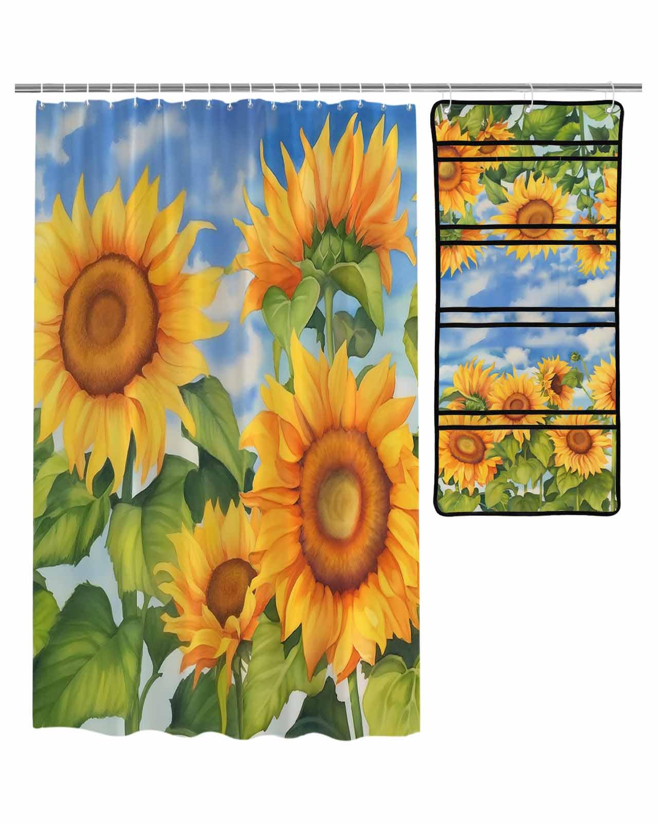 Floral Shower Curtain Mesh Shower Organizer Hanging Set Yellow Watercolor Sunflower Retro Waterproof Shower Curtains with 10 Pockets