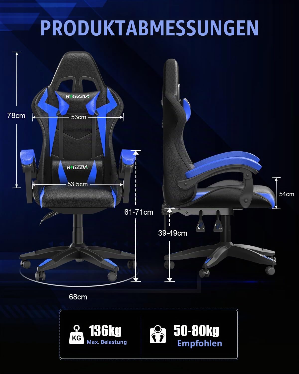 Racingreat LED/RGB Gaming Chair mit Schillernde Lichtleiste (Blau)