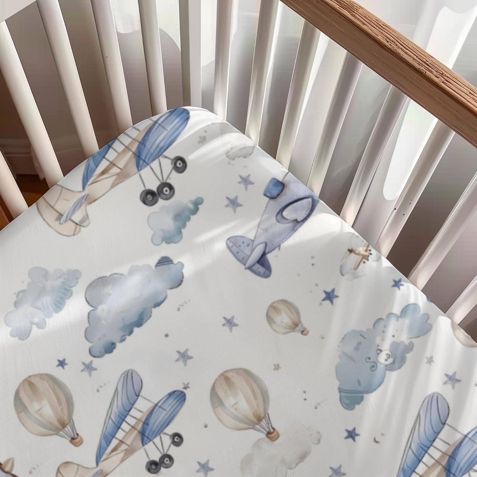 Plane Hot Air Balloons Transportation Pattern Baby Crib Sheet, Unisex Aircraft Clouds Stars Nursery Fitted Crib Bed Sheet for Boys Girls Standard Crib and Toddler Mattress-28x52