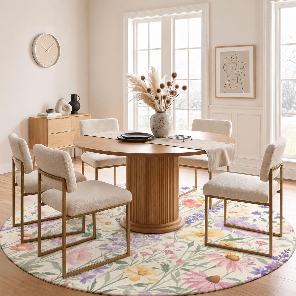 Tapis Rond Lavable Cosmos Delphinium 100cm | Tapis Fleurs Rustiques Fraîches Antidérapants Salon Lavable en Machine pour pour Salle à Manger, Entrée, Cuisine, Violet Clair