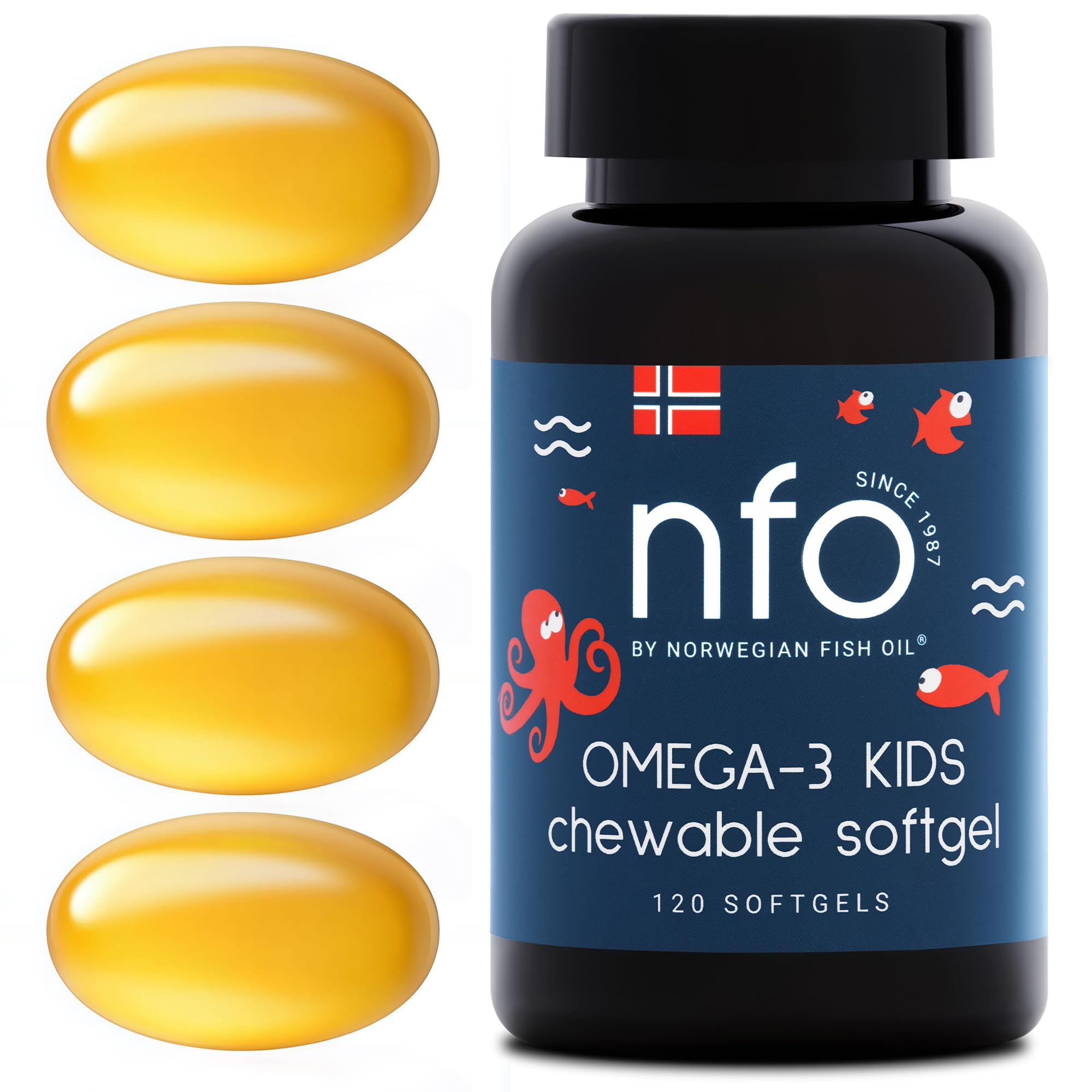 Nfo Omega 3 Kids [120 Mini Capsule Masticabili] Omega 3 Bambini, Gusto Tutti-Frutti, Capsule Omega 3 Norvegesi Ad Alto Dosaggio, Olio Di Pesce Naturale Con Epa E Dha In Trigliceridi, Vitamine D3 Ed E-image