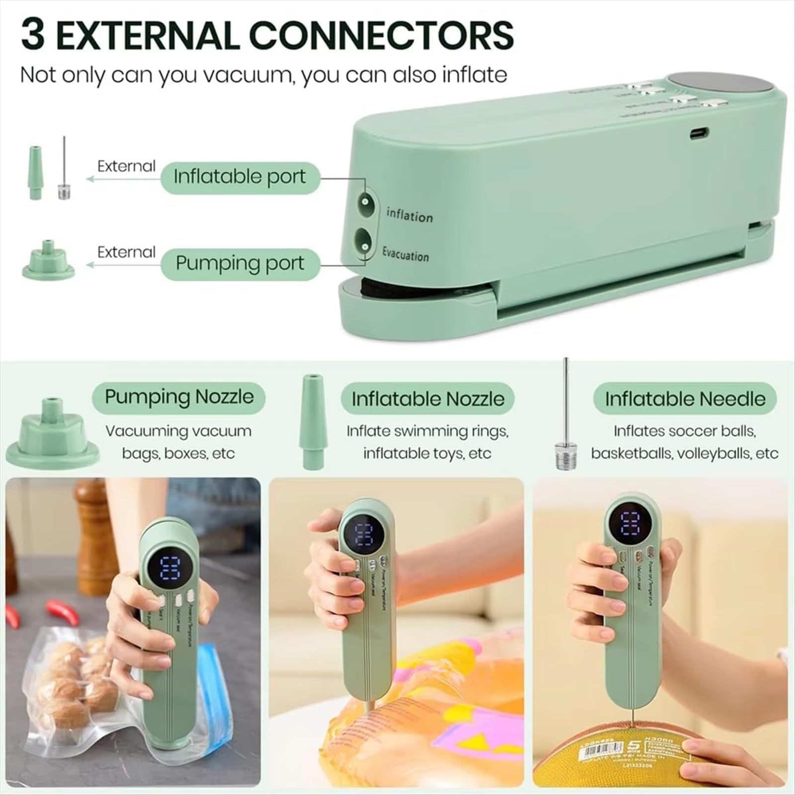 Mini Machine Sous Vide 3-en-1 Avec Pompe Externe - Scelle, Conserve, Gonfle (5 Sacs Inclus)