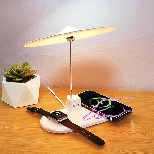 BUDI Lámpara de mesa multifuncional con cargador inalámbrico, estación de carga 3 en 1, lámpara de escritorio táctil para mesita de noche para
