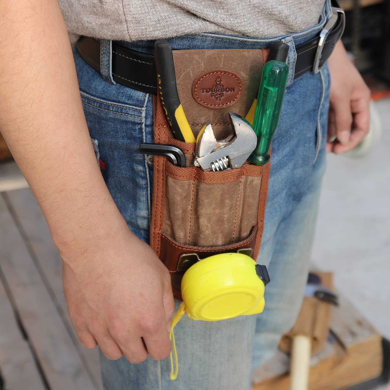 Tour de Ceinture en Toile Cirée et Cuir Outil Ceinture Holster avec Support Mètre Ruban pour Électricien Atelier Marron