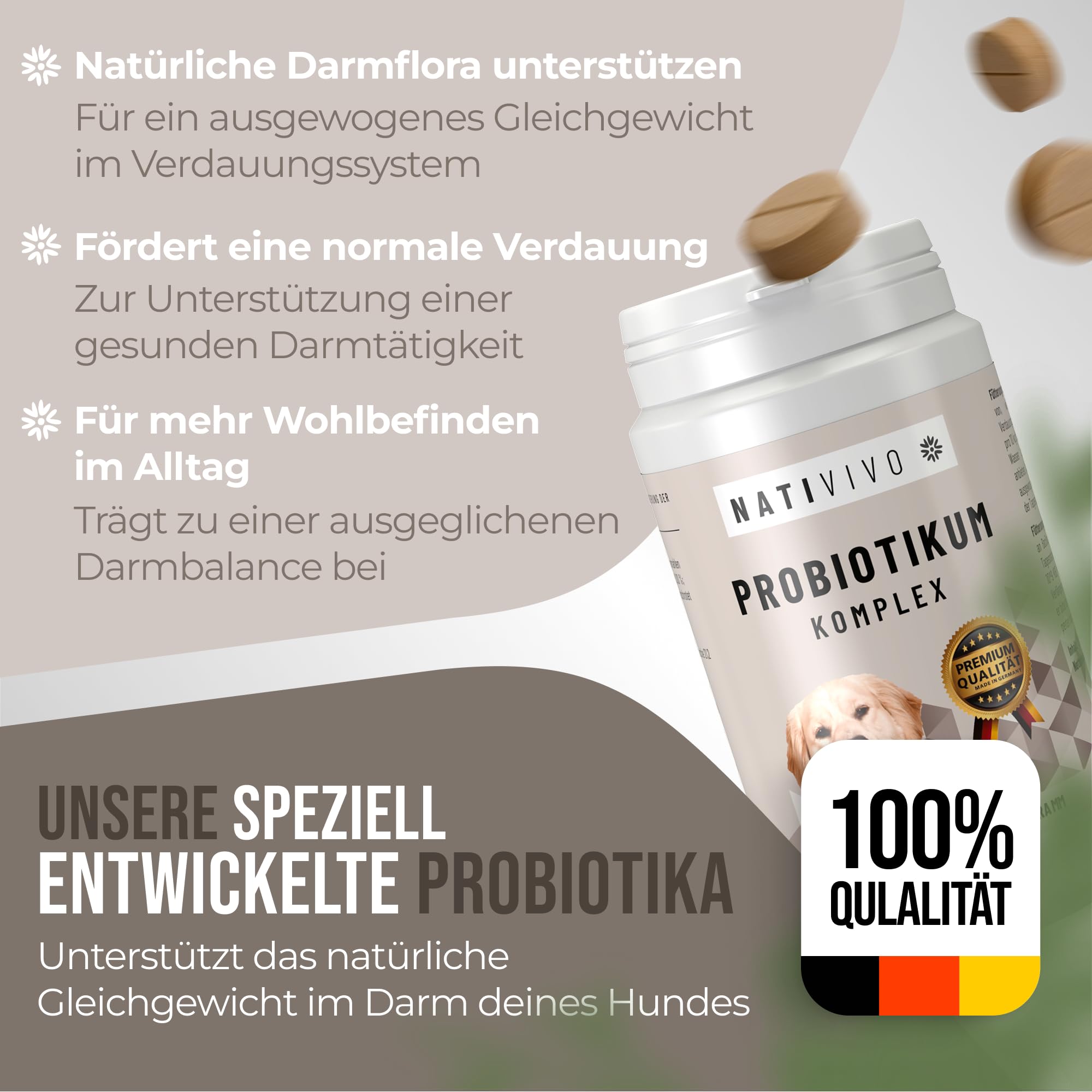 Probiotikum Komplex - Probiotika Darmkur Dia Tabs unterstützend bei Sodbrennen & Durchfall. Unterstützt das Immunsystem, die Verdauung, Darmflora & Darmsanierung bei Hunden. Made in Germany