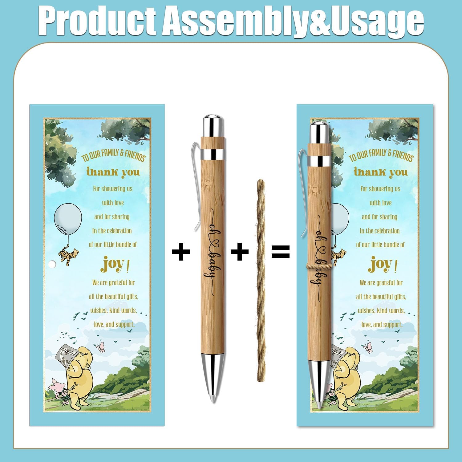 Toerifer Winnie Baby Shower Favors for 30 Guests, 30 Pcs Thank You Gifts for Baby Shower, Gender Reveal Sets Included Bamboo Pens Greeting Cards, Winnie Gender Reveal Souvenirs Prizes Decorations