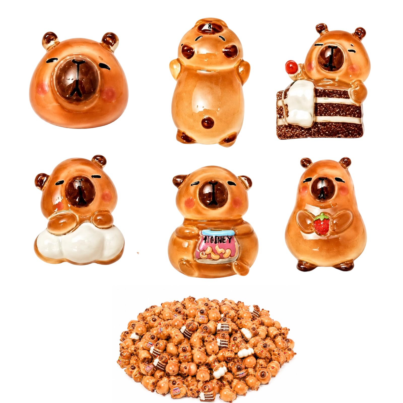 Tniytru 200 Pcs Mini Capybara Figurines, Mini Resin Figures, Tiny Resin Figures Cute Animal Dollhouse Miniatures for Crafts Nail Art Garden Micro Landscape DIY Decorations(6 Styles)