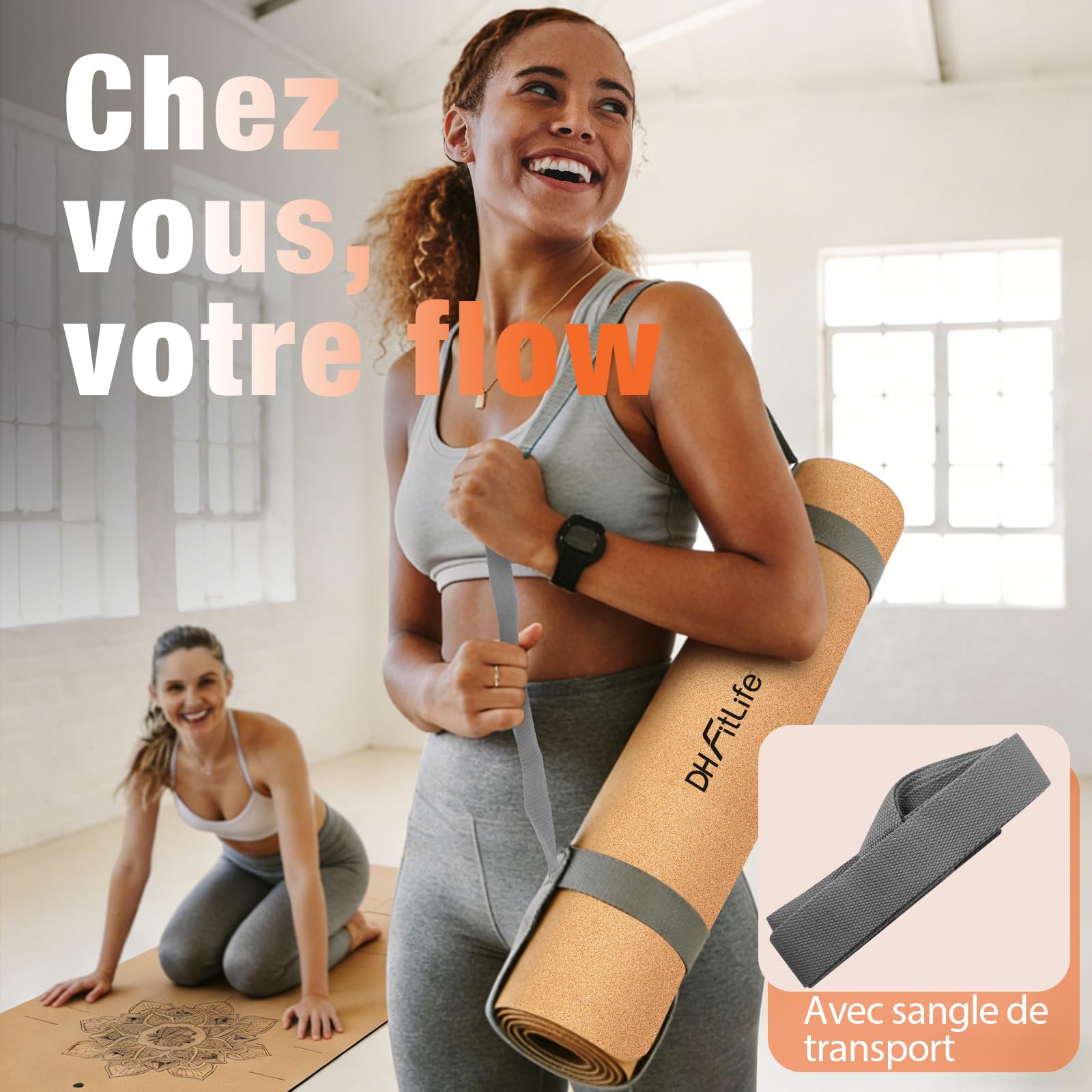 DH FitLife Tapis de yoga en liège antidérapant en caoutchouc naturel - Prêt à l'emploi - Facile à nettoyer - Tapis de sport, de fitness et de gymnastique de qualité supérieure pour yoga, pilates et