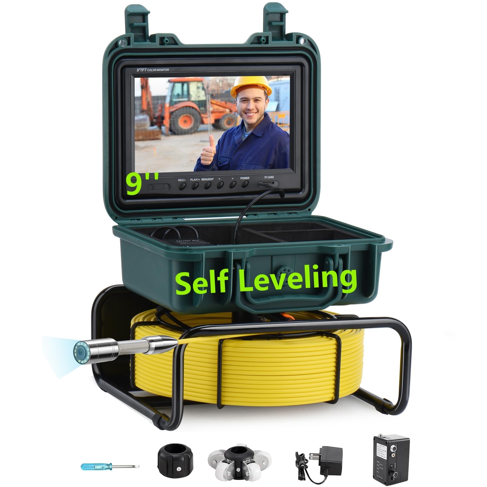 Sewer Camera Self Leveling,9" HD 16GB Screen JQKJCAM Drain Pipe Plumbing Camera Snake with 12 LED Light Meter Counter for Home Industrial Pipe
