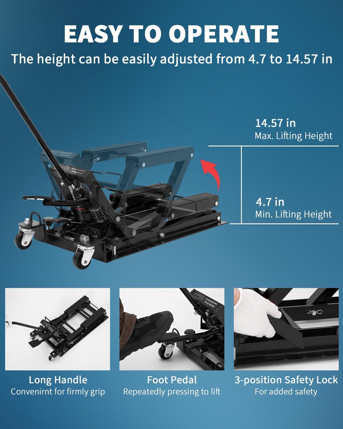 Hydraulic Motorcycle Lift Jack 1500 LBS, Motorcycle Scissor Jack with Foot Pedal & Wheels, 4.7"-14.57" Hydraulic Motorcycle Lift Stand for Motorcycle ATV UTV Garage & Workshop, Black
