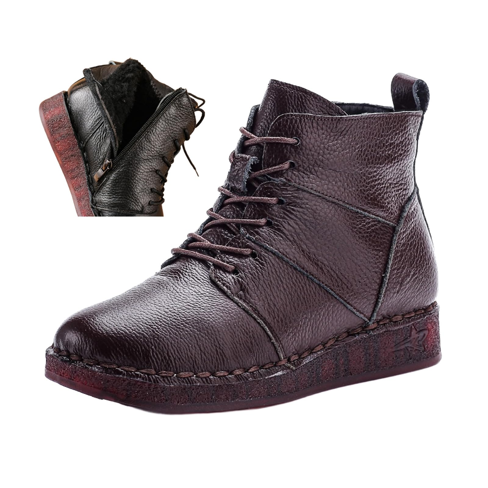 Womens Leather Zipper Waterproof Ankle-Support Boots Comfort Round Toe Non-slip Casual Dress Oxford Flat Short Booties