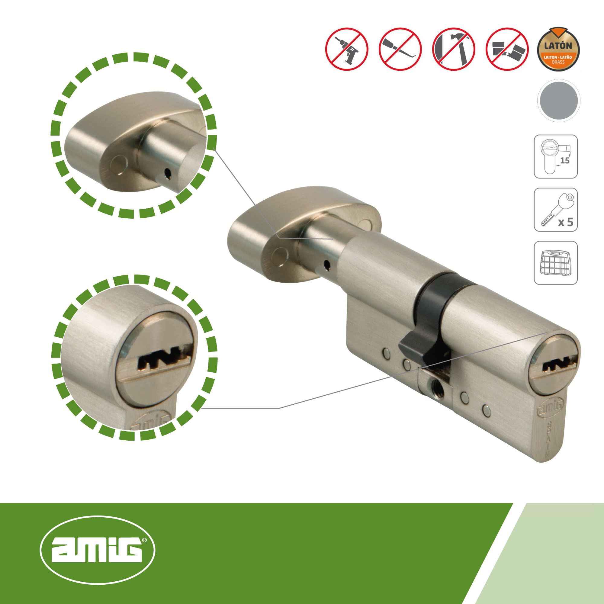 Amig - Cilindro de seguridad con muletilla - Cerradura para puertas - Bombín de Alta Seguridad - Antiganzúa y Antibumping - Incluye 5 llaves - Cromado Mate - Medidas: 100 (50-50 mm)