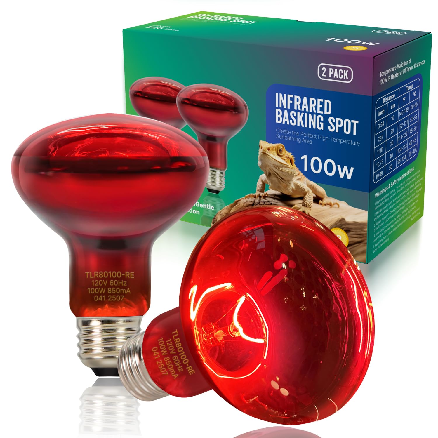 FLSNT 2 Pack Reptile Red Heat Lamp Bulbs,100W Infrared Basking Spot Light for Turtles, Leopard Gecko, Ball Python, Bearded Dragon, Chicken