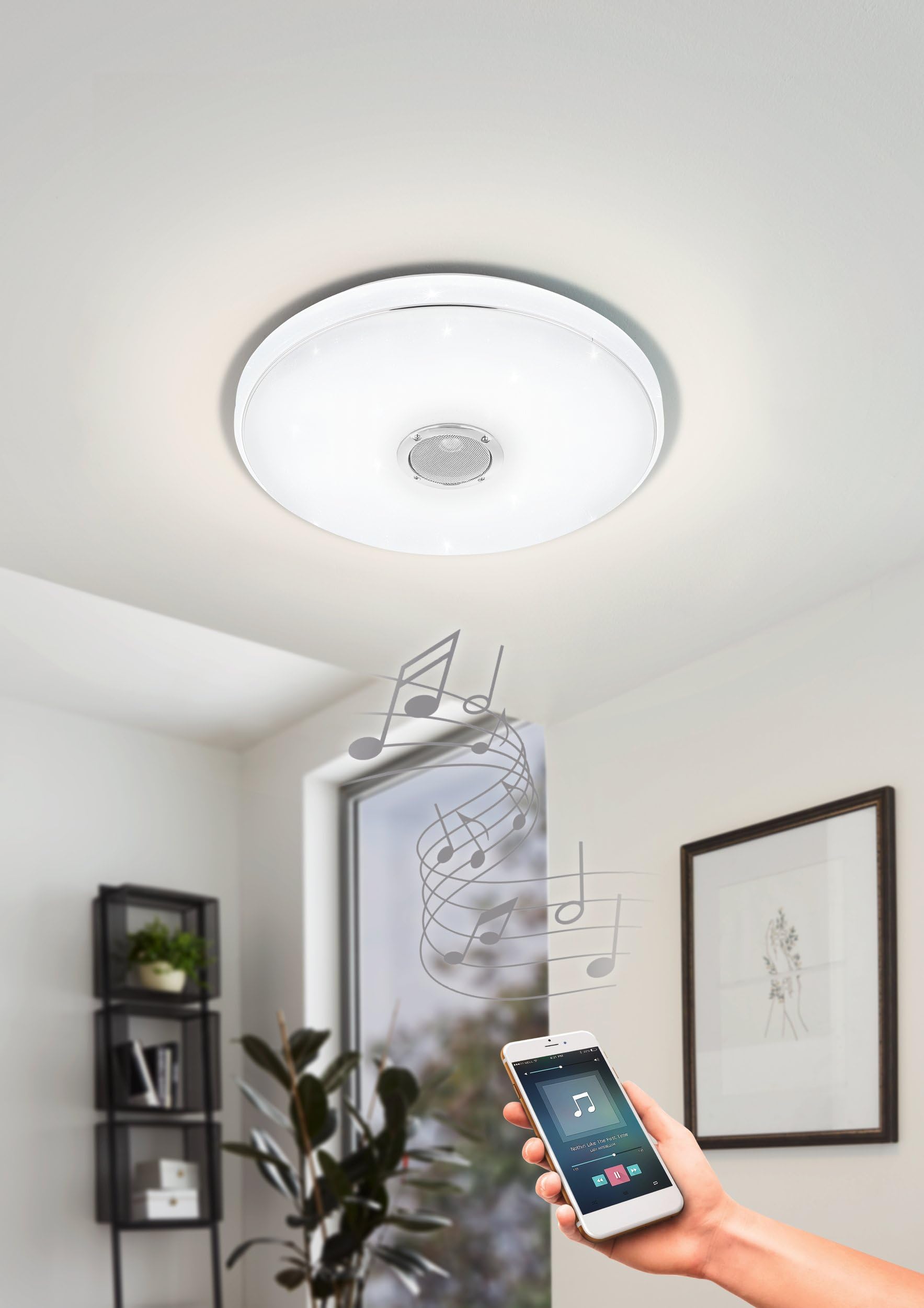 EGLO LED Deckenlampe Milazzo, Badezimmer Lampe mit Fernbedienung | Kristall-Effekt Deckenleuchte mit Bluetooth Lautsprecher, warmweiß-kaltweiß, RGB, Nachtlicht, dimmbar, Weiß, IP44, Ø 40cm