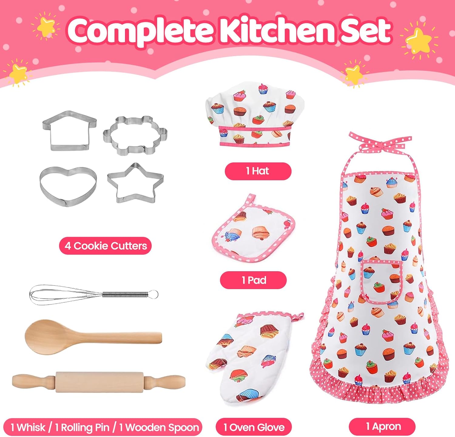 11 PCS Kids Baking Set for Girls, Chef Costume with Adjustable Apron & Hat, Pretend Play Kitchen Toys for Toddlers 3-8, Birthday Xmas Gifts for Little Chefs - Image 3