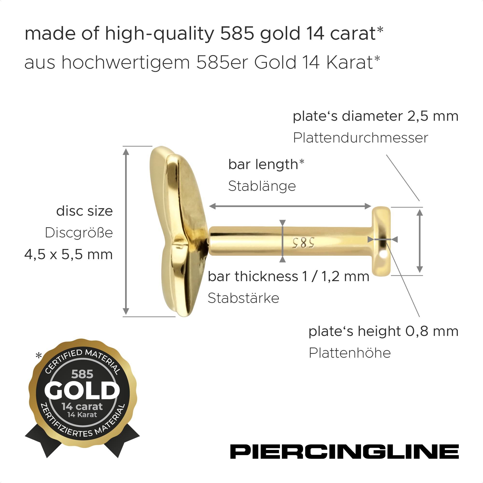 PIERCINGLINE 14 Karat Gold Ohr-Piercing Labret mit Innengewinde SCHMETTERLING