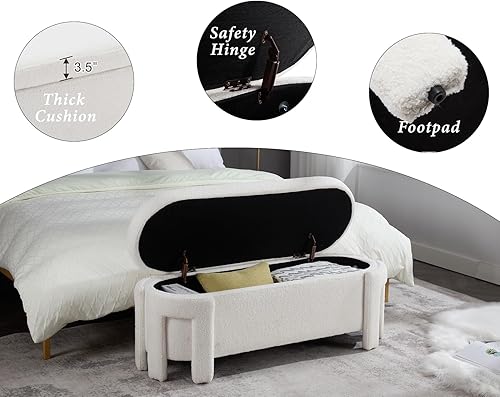 Miniatura 54 de Kmax Banco de almacenamiento de 45 pulgadas, banco otomano tapizado de piel sintética para dormitorio, sala de estar, pasillo, color blanco Oval-