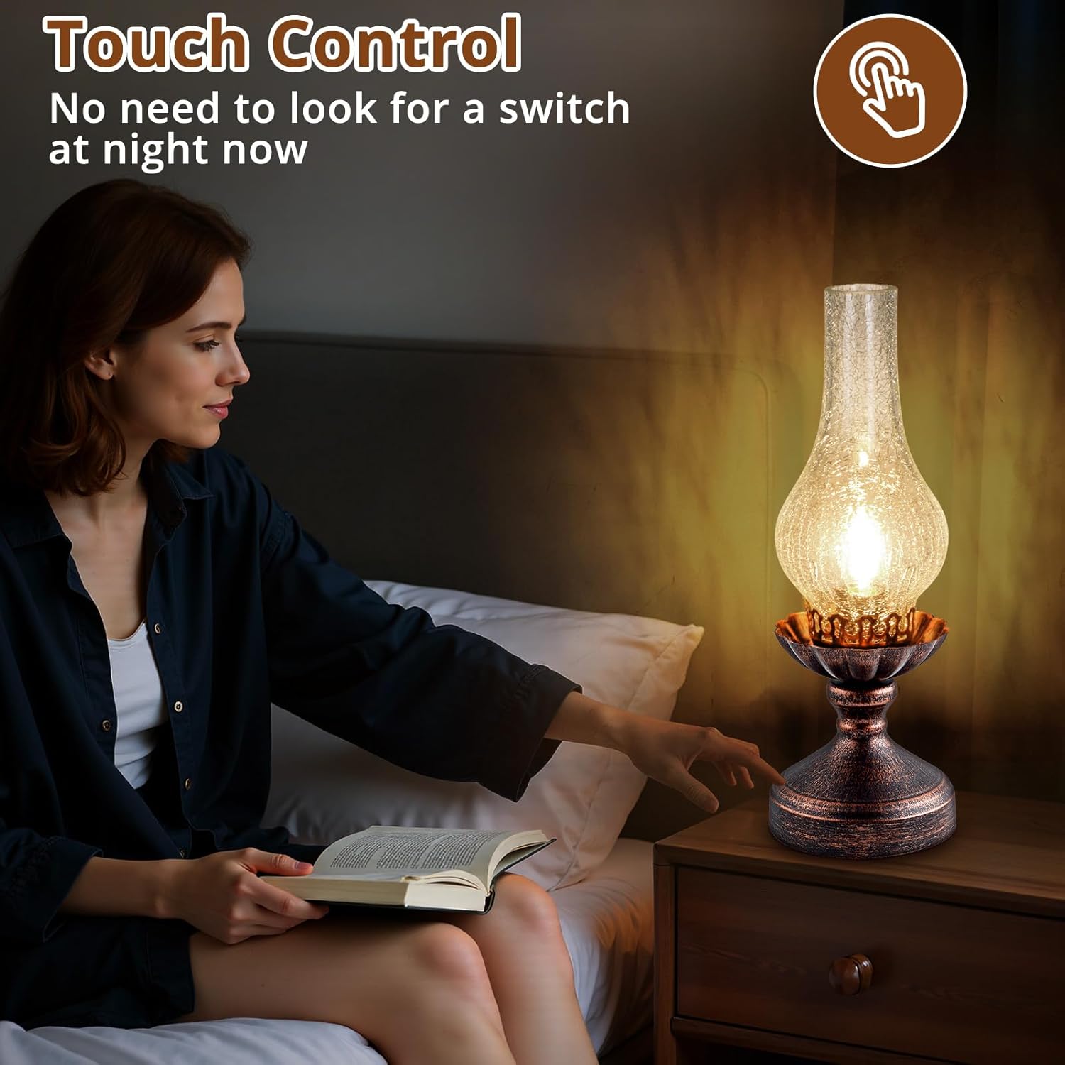 Vintage Table Lamp | Touch Control & 3-Way Dimmable Rustic Retro Farmhouse Bedside Lamp with Clear Glass Shade and LED Bulb for Bedroom, Living Room, Cabin, Office