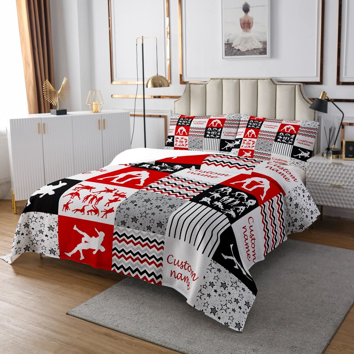 Erosebridal Personalized Jujitsu Quilted Patchwork Buffalo Plaid Coverlet Set for Boys Man,Galaxy Stars Bedspread Competitive Games Quilt Set King,Checkered Grid Plaid Lattice Room Decor