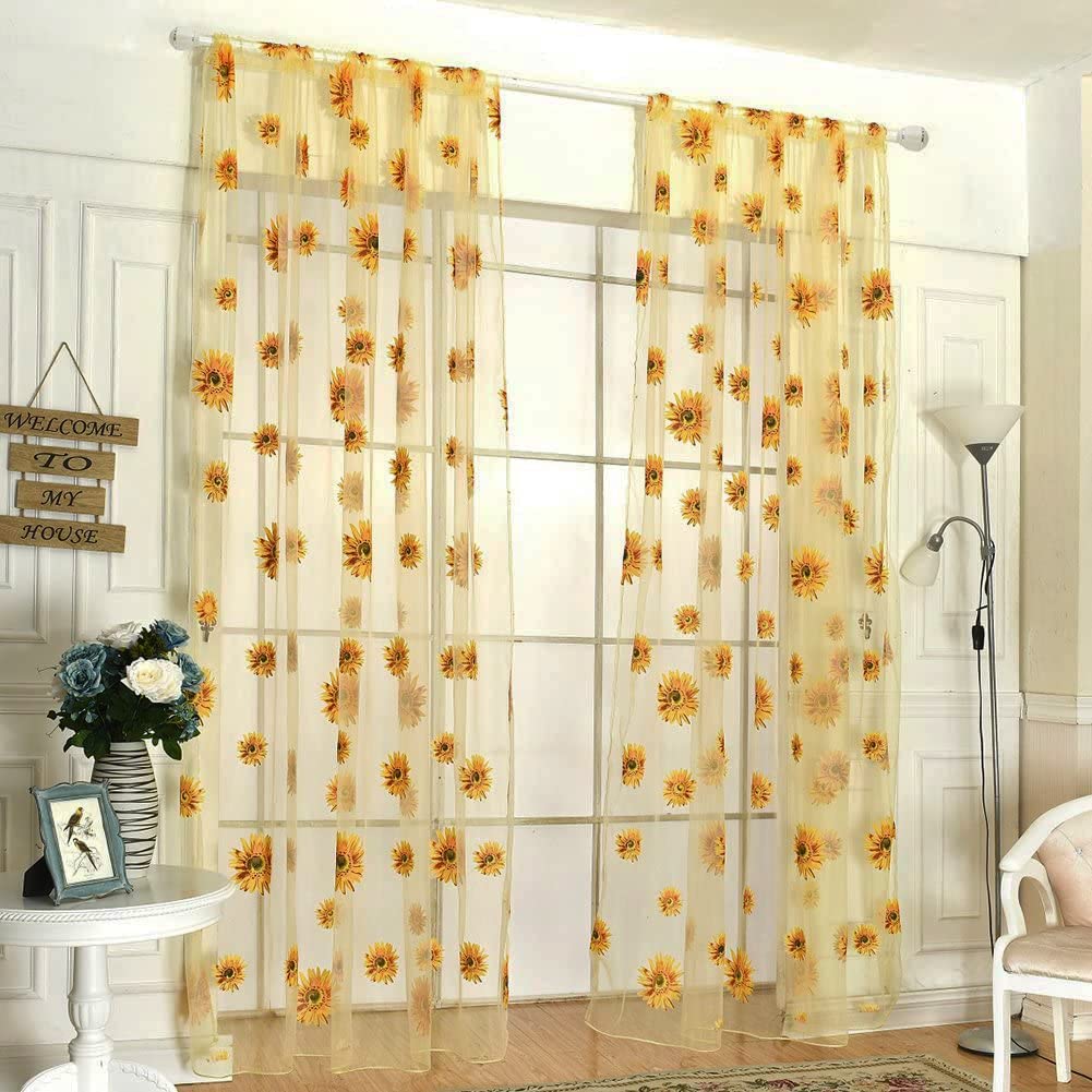 niCWhite 2pcs Sunflower Curtains Kitchen Decor 39"x78.7" Yellow Sheer Curtains for Window Voile Room Scarf Door Bed Drape Panels Rod Pocket Window Treatments for Bedroom Living Room